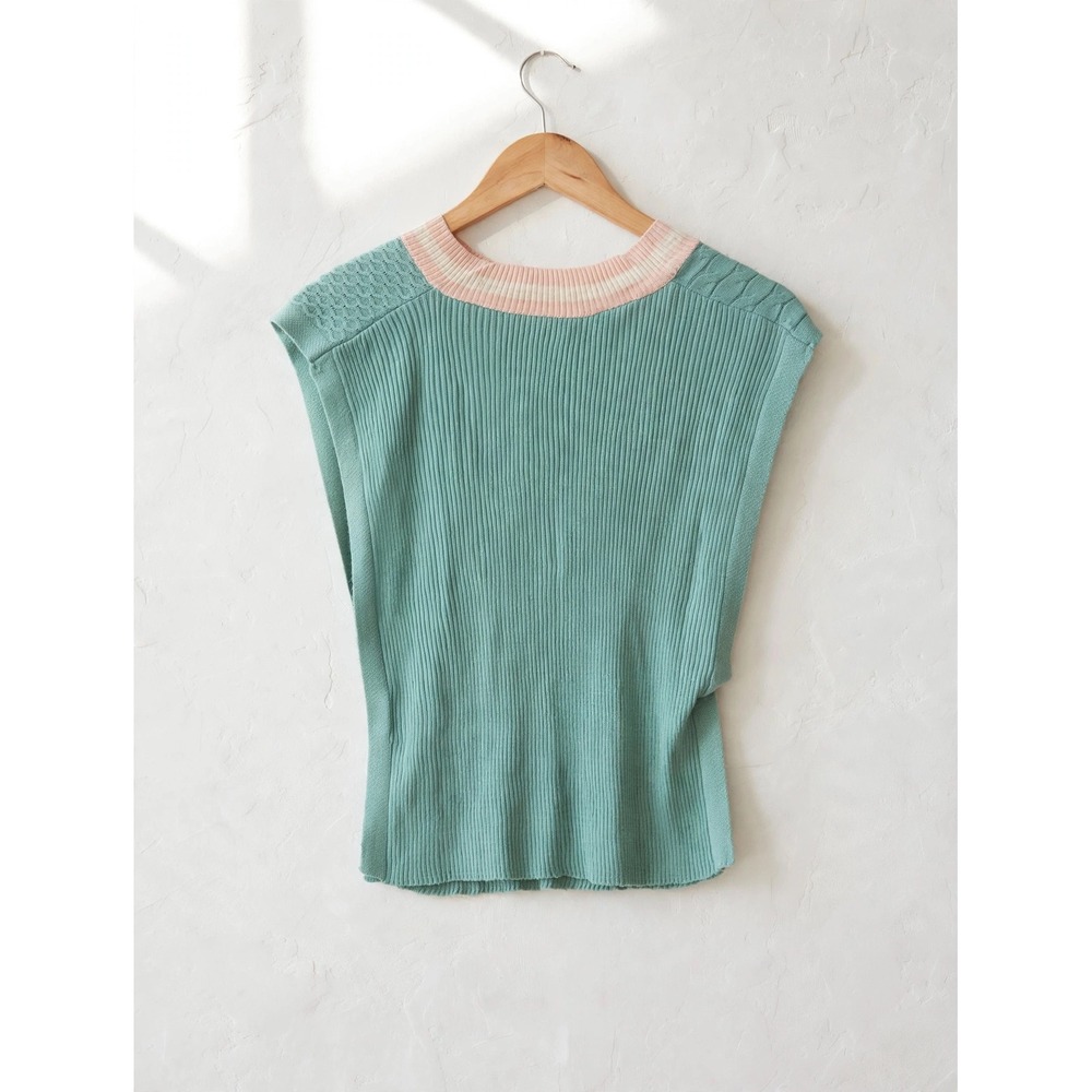 Trendyol Mint Green Mixed Knit V-Neck Sweater Vest Pink Striped Trim Small - Picture 2 of 5